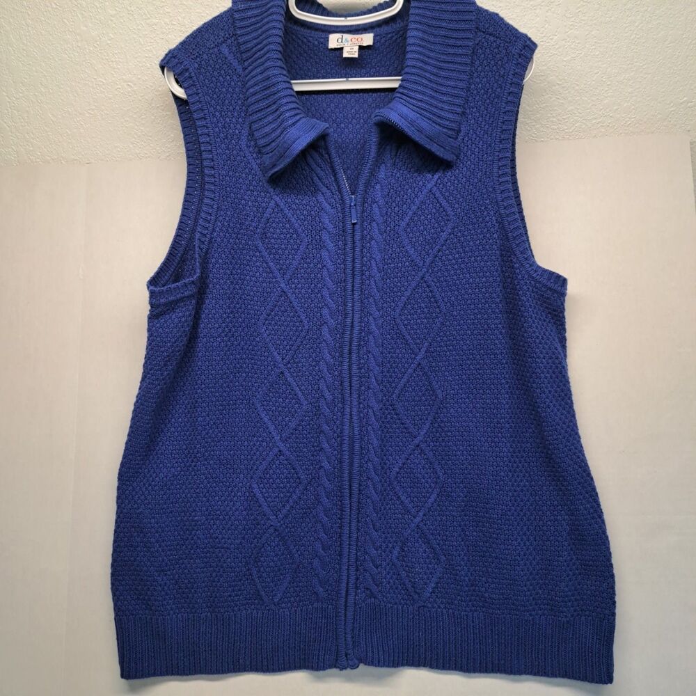 d&co Blue Cable Knit Zip Front Sweater Vest Womens 2X